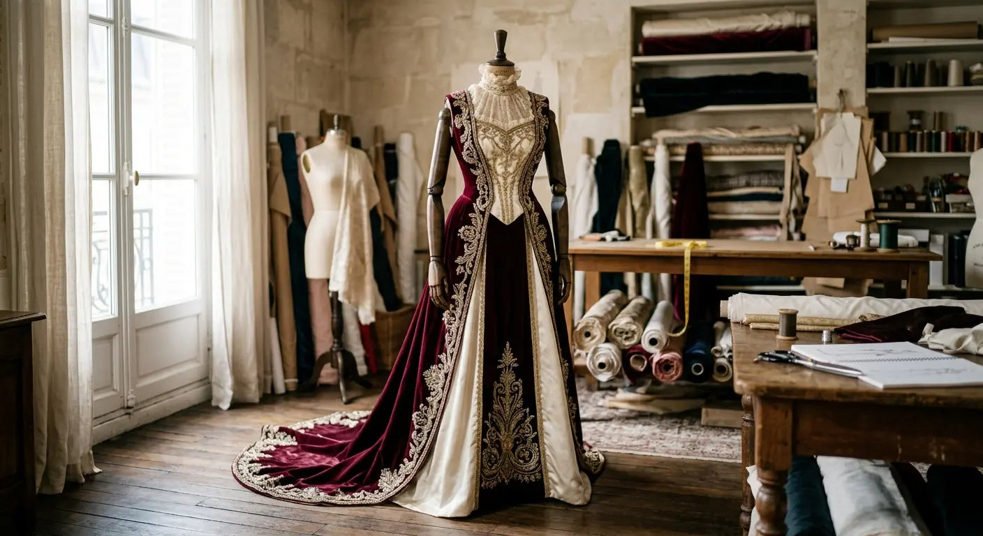 Robe de déguisement majestueuse en velours bordeaux et satin dans un atelier de couture parisien.
