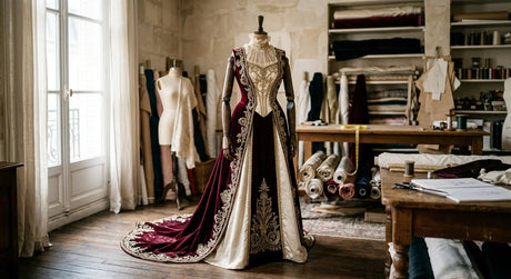 Robe de déguisement majestueuse en velours bordeaux et satin dans un atelier de couture parisien.