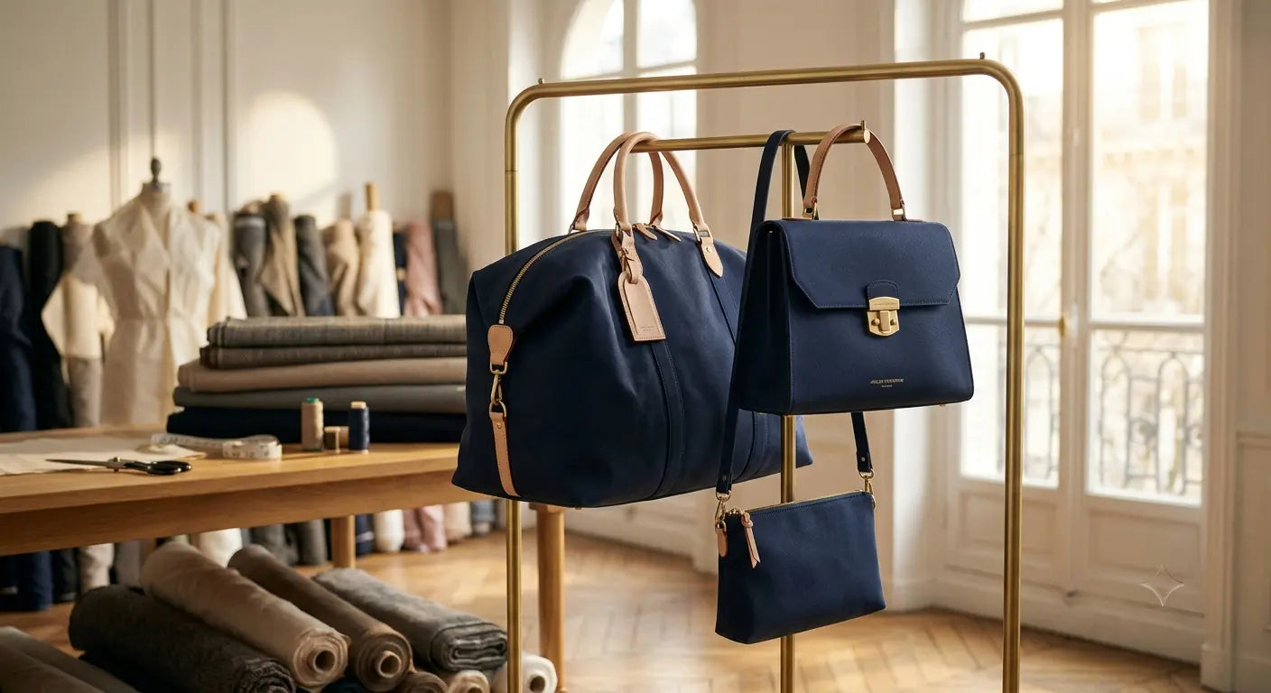 Ensemble de bagagerie coordonné (sac de voyage, sac à main, trousse) réalisé à la main dans un atelier parisien.