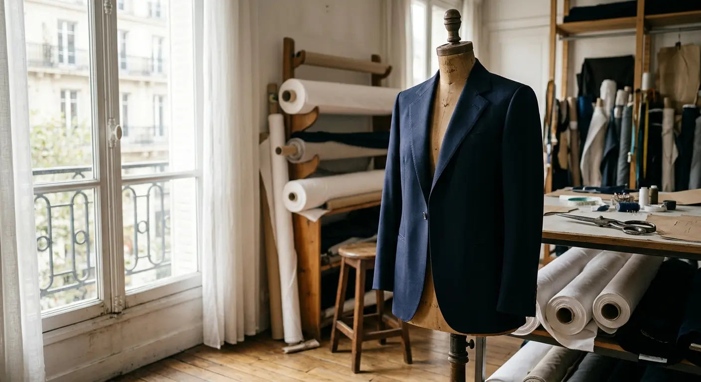 Veste de tailleur parfaitement structurée grâce à l'entoilage dans un atelier de couture parisien.