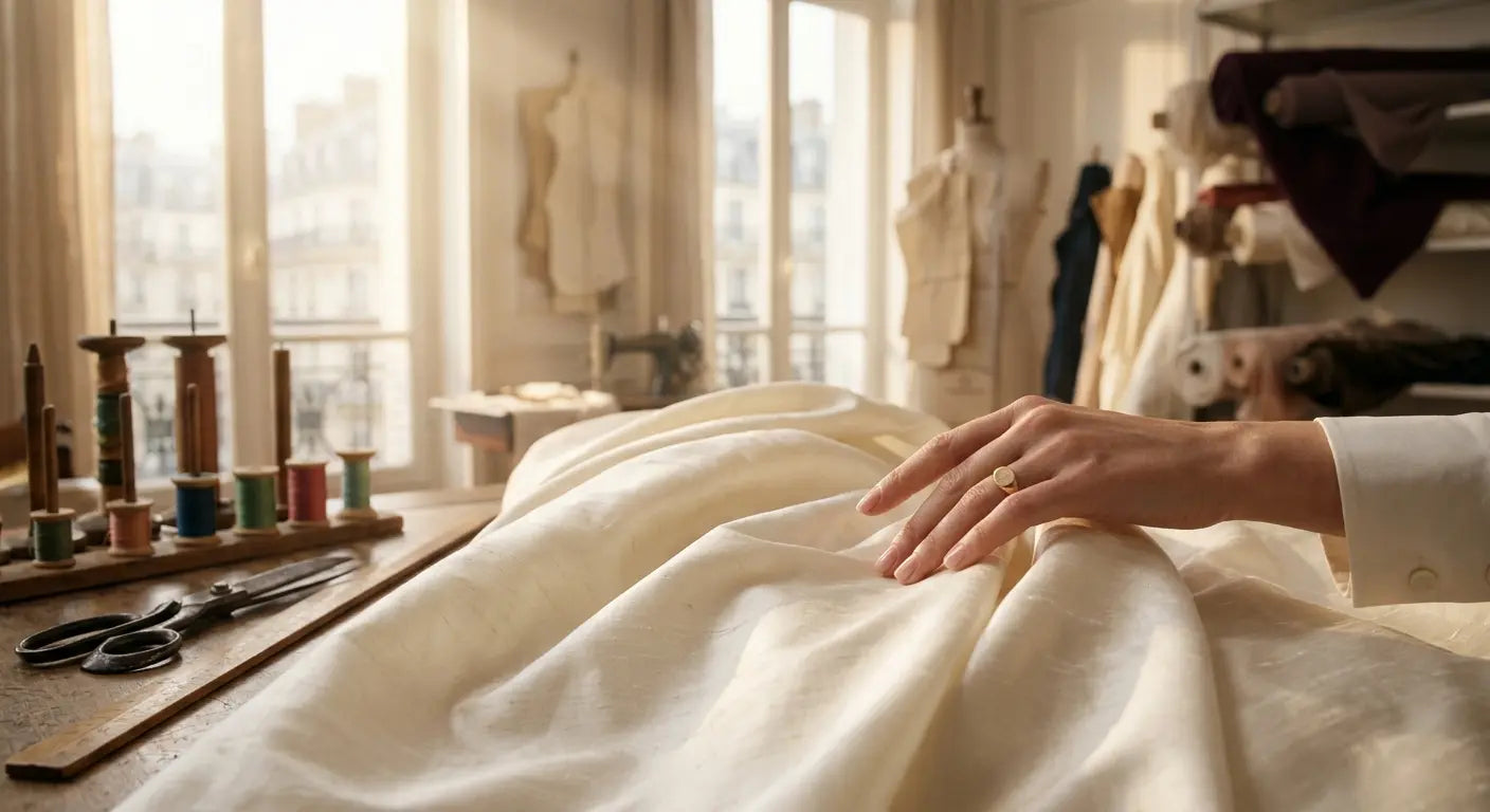 Geste de soin sur un tissu en soie de luxe dans un atelier de haute couture à Paris.