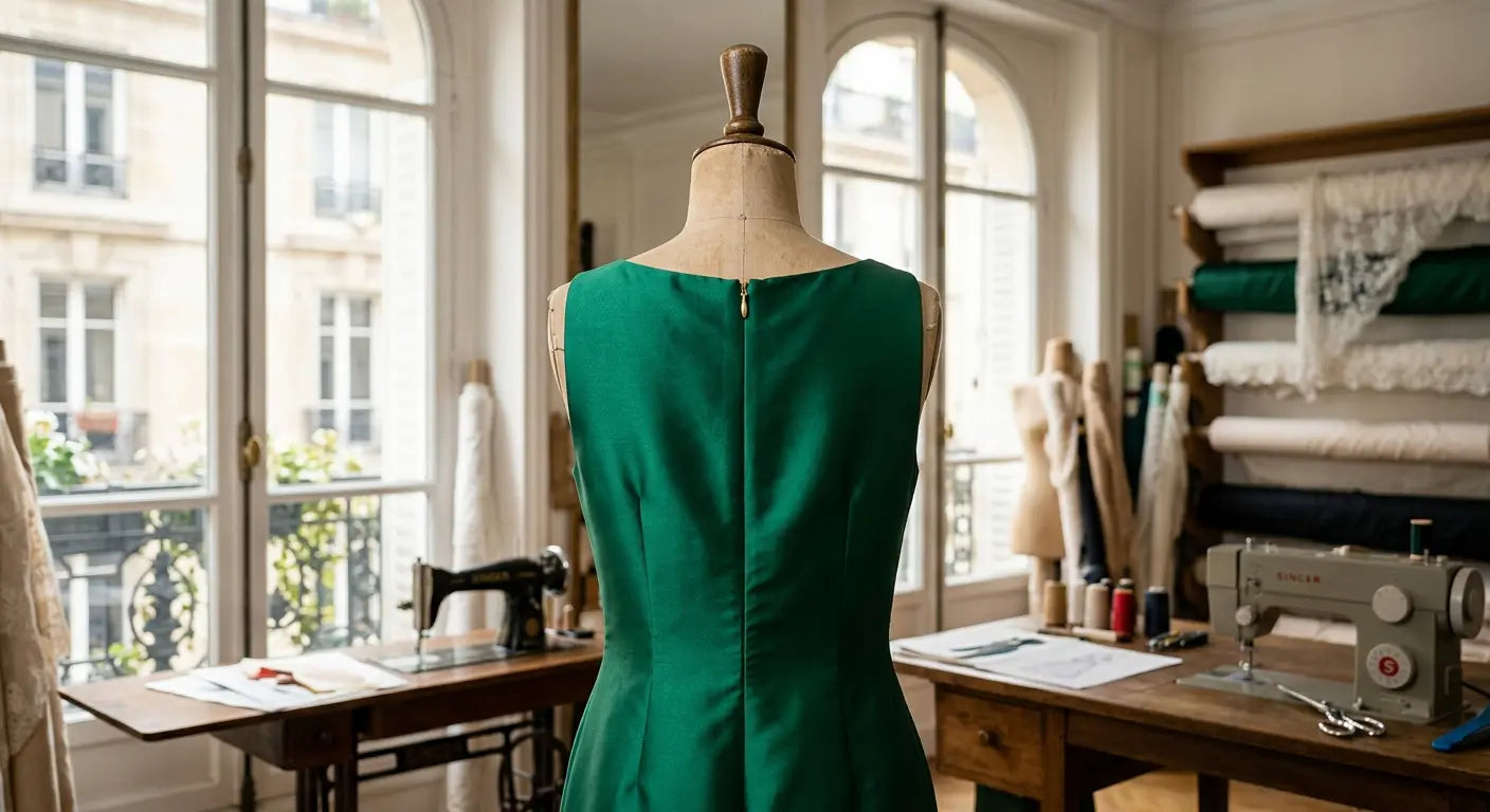 Détail d'une fermeture invisible parfaitement posée sur une robe en soie dans un atelier de couture.