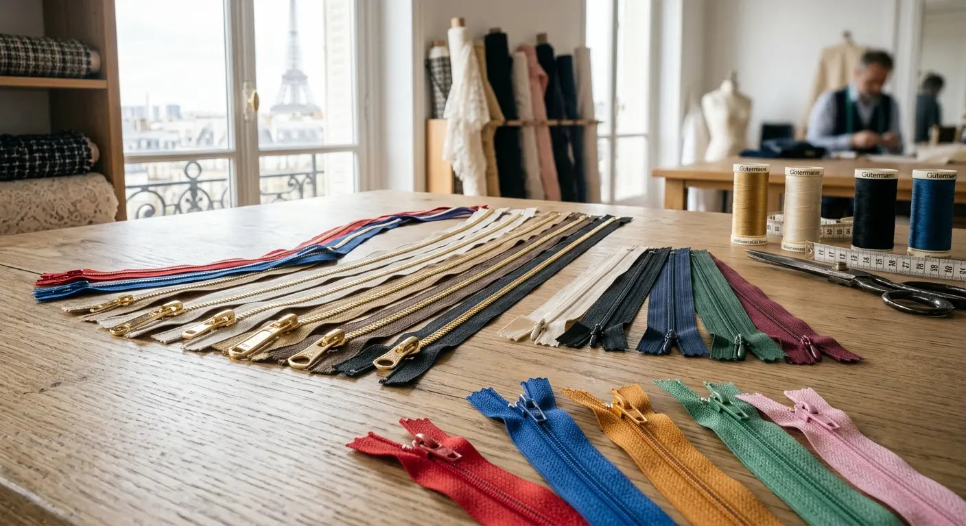 Sélection de fermetures éclair de luxe (métal doré, invisibles, nylon) dans un atelier de couture parisien.