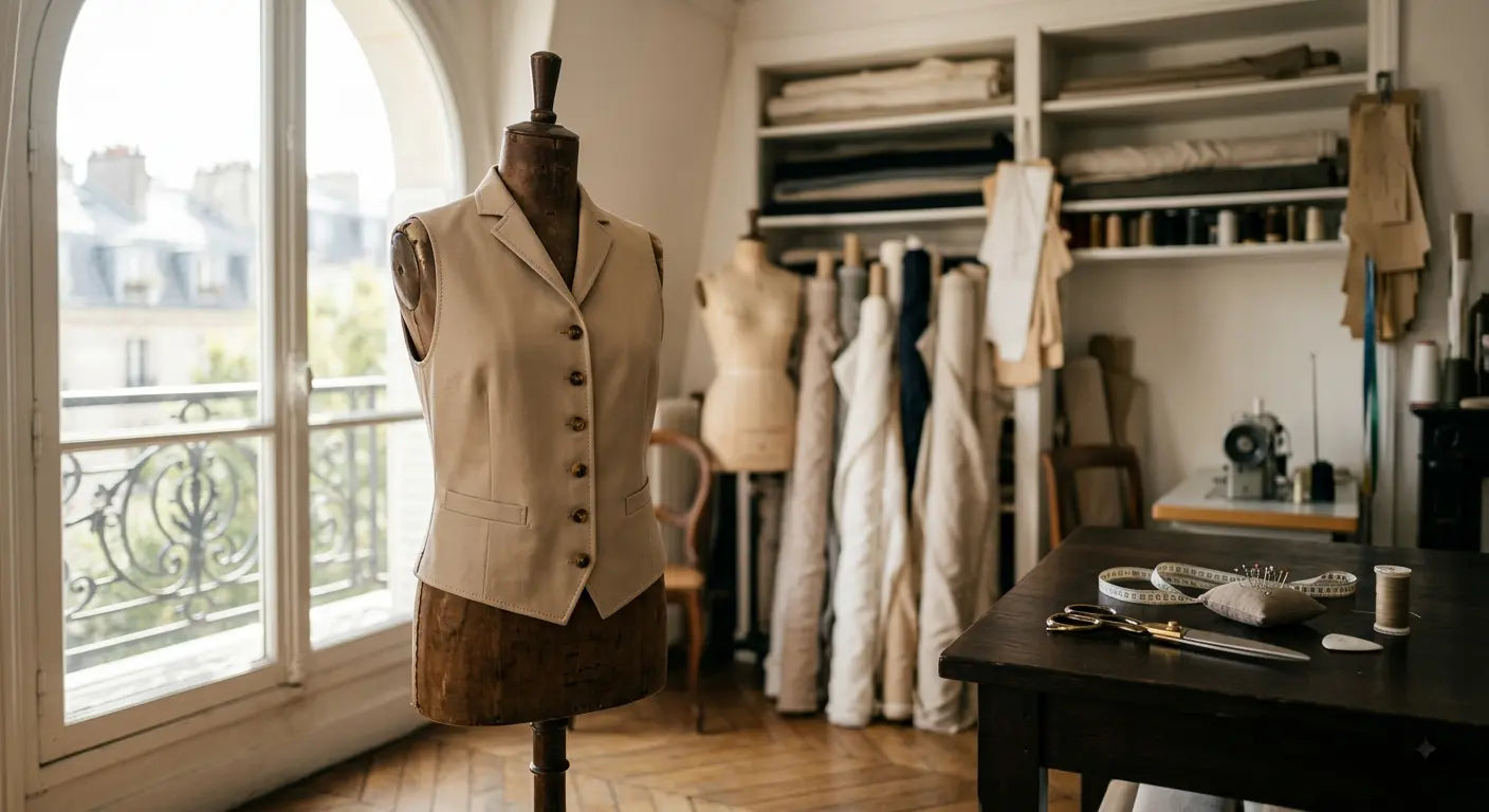 Gilet sans manches structuré en gabardine de coton haut de gamme dans un atelier de couture parisien.