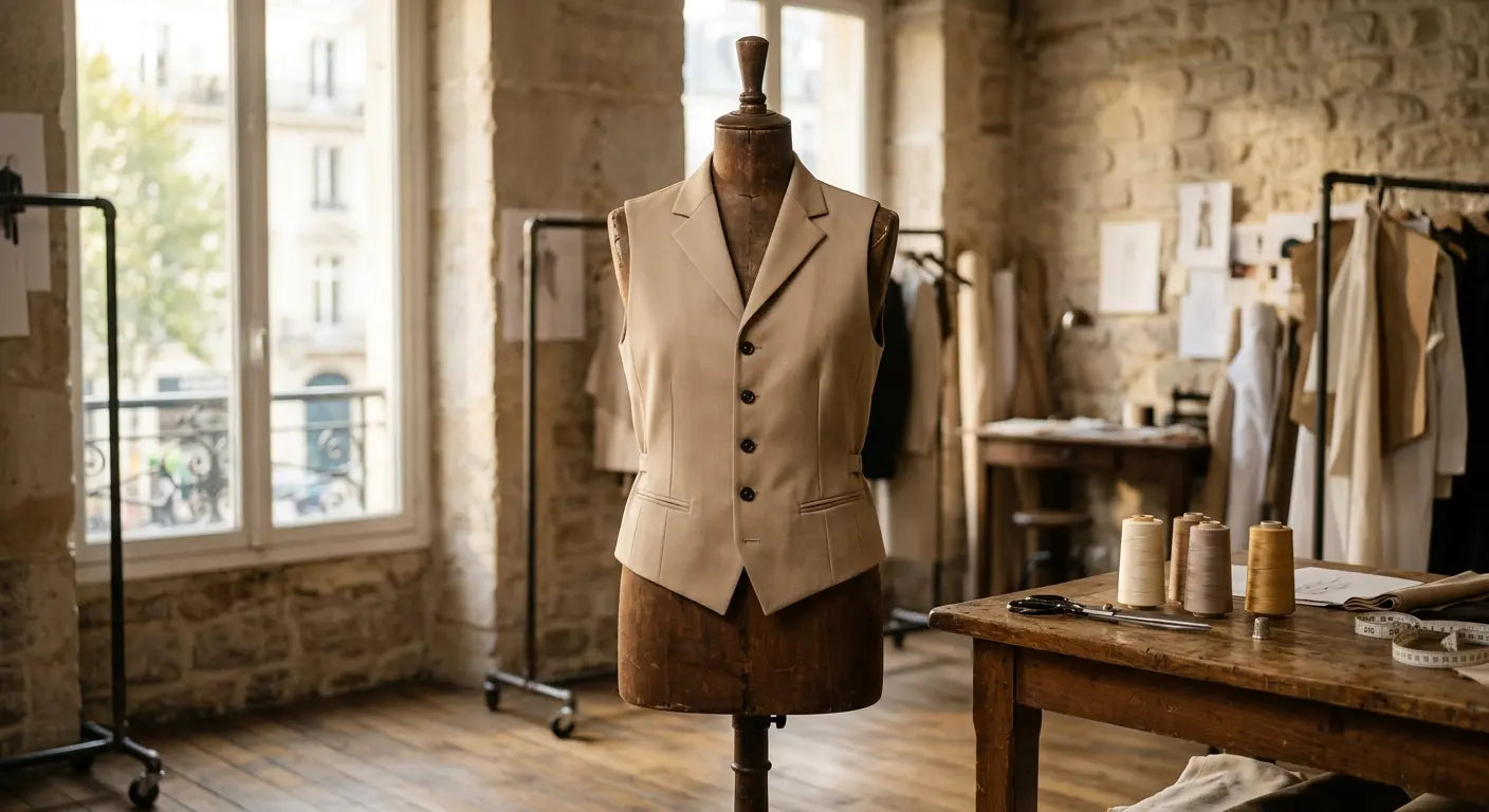 Gilet sans manches structuré en gabardine de coton sable dans un atelier de couture parisien.