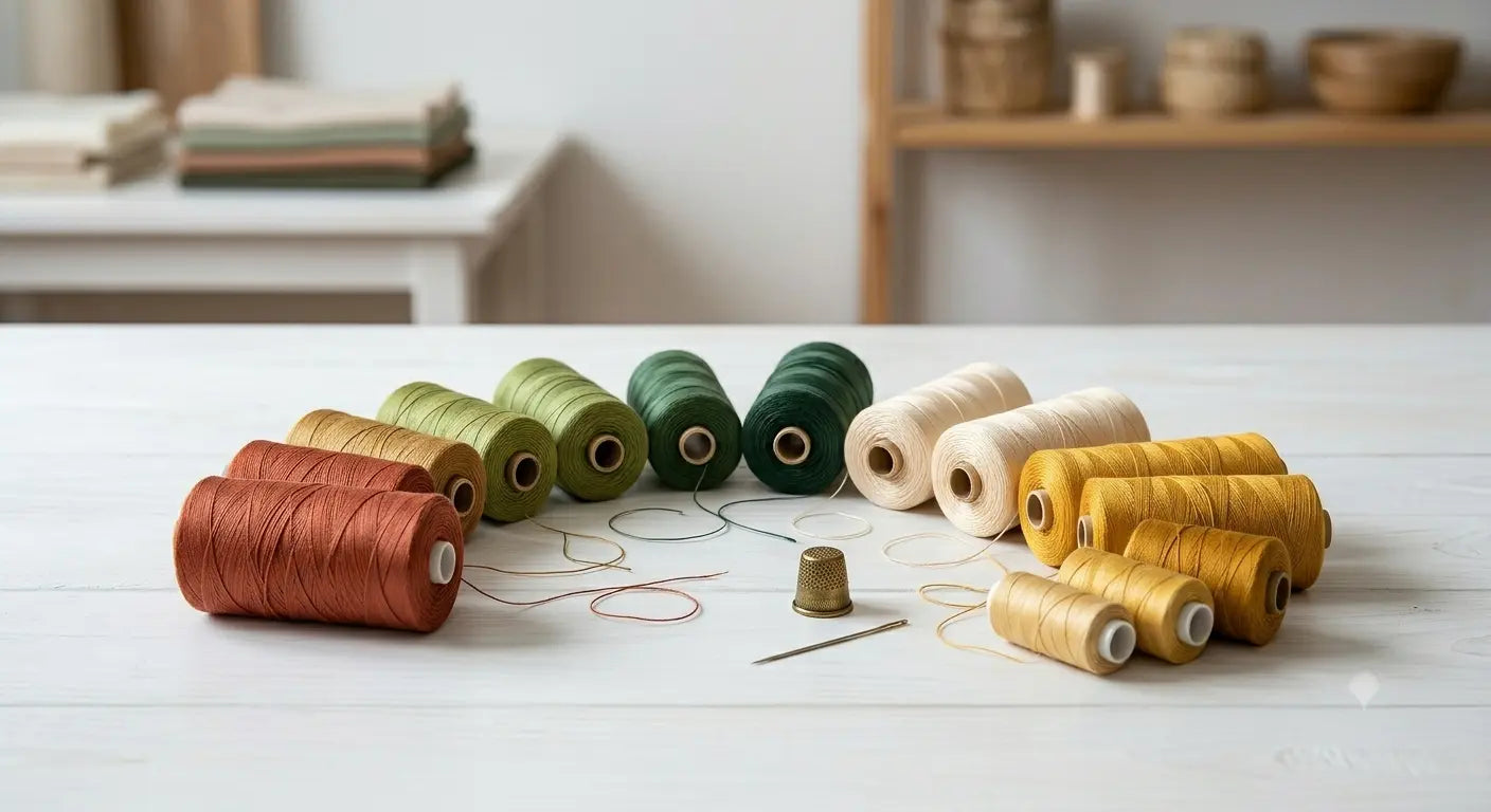 Assortiment de bobines de fils à coudre colorées pour différents projets de couture.
