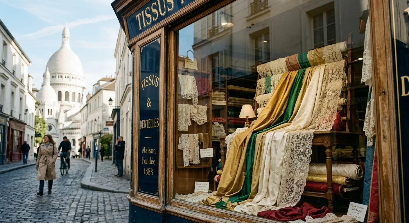 Vitrine d'un magasin de tissus à Montmartre avec le Sacré-Cœur en arrière-plan, symbole de la couture parisienne.