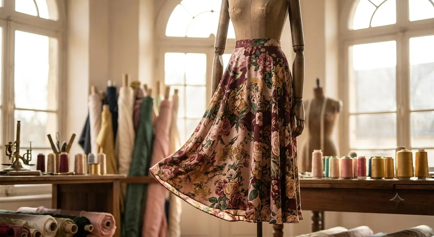 Jupe d'été fluide en viscose imprimée fleurs dans un atelier de haute couture parisien.