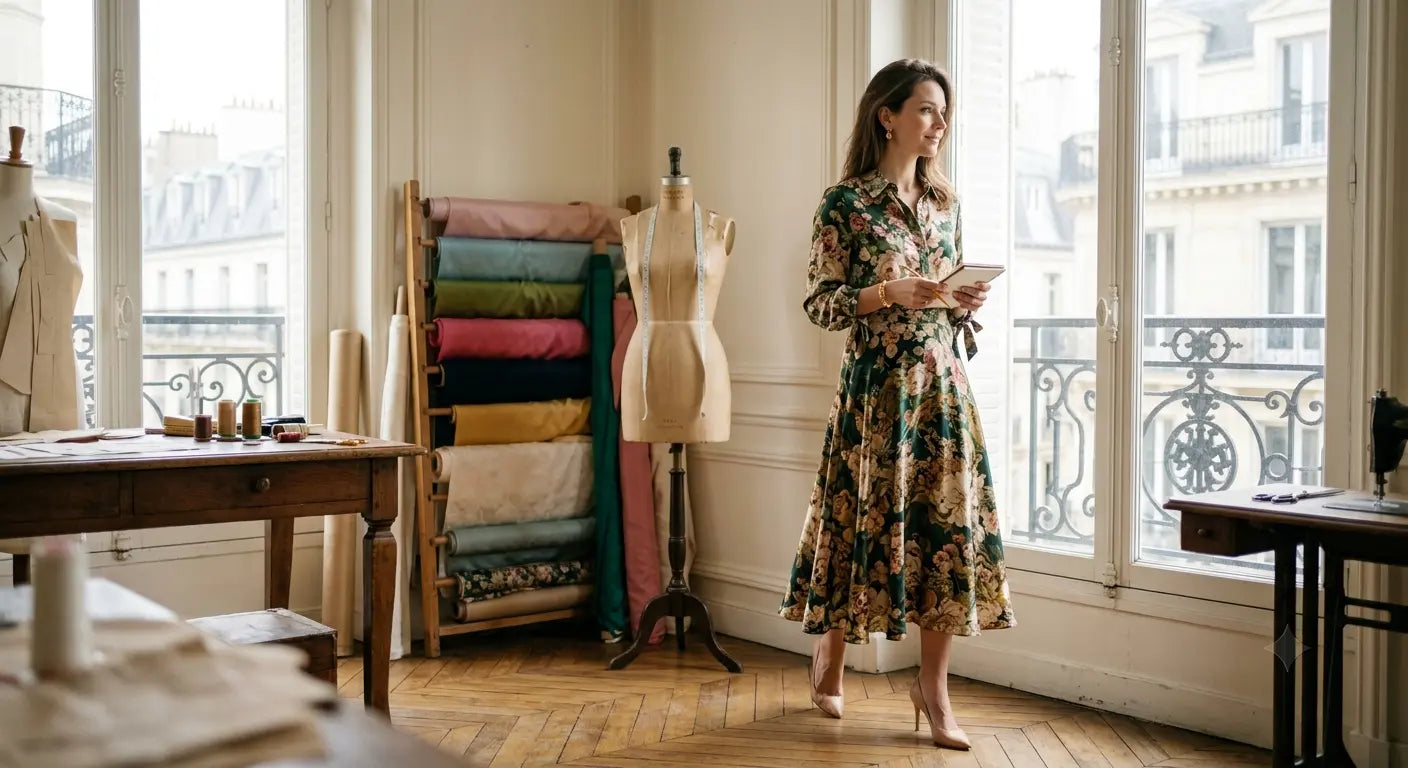 Jupe midi fluide en viscose de luxe portée dans un atelier de haute couture à Paris.