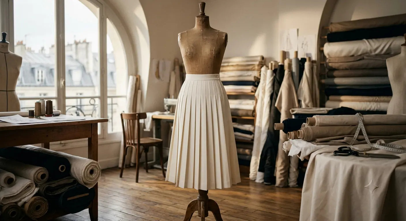 Jupe à plis plats parfaitement structurée en gabardine ivoire dans un atelier de couture parisien.
