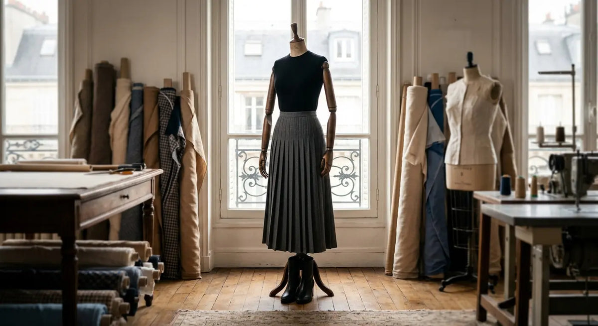 Jupe plissée midi en laine grise de haute qualité dans un atelier de couture parisien.