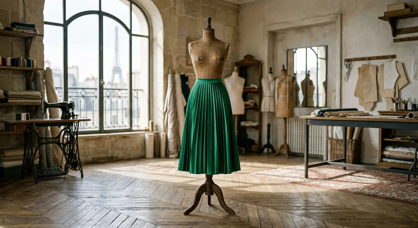 Jupe plissée en satin de polyester vert émeraude présentée sur un mannequin de couture dans un atelier parisien.