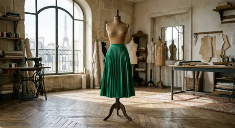 Jupe plissée en satin de polyester vert émeraude présentée sur un mannequin de couture dans un atelier parisien.