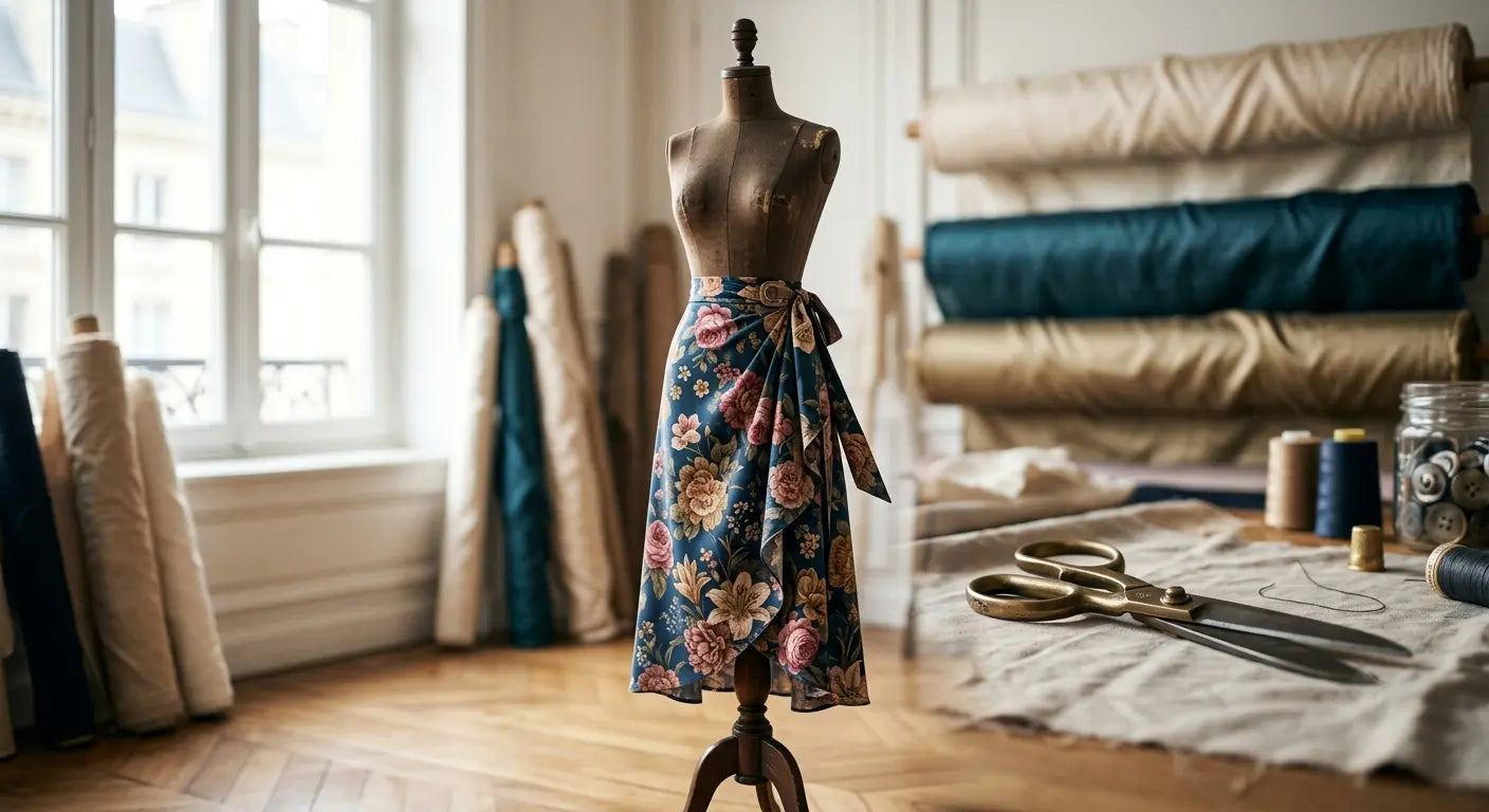 Jupe portefeuille midi réalisée à la main en viscose de luxe dans un atelier de couture parisien.