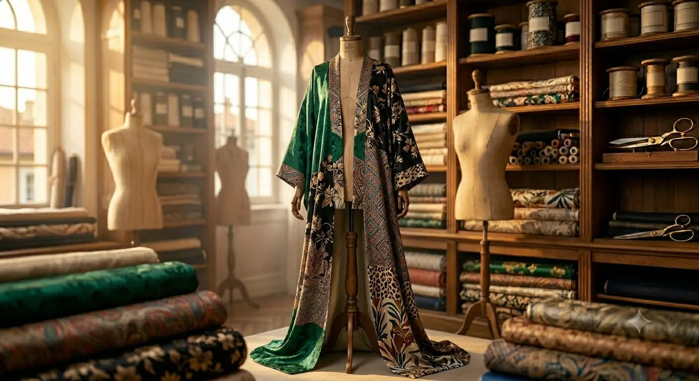 Kimono long en soie florale suspendu dans un atelier de couture parisien, style haute couture.