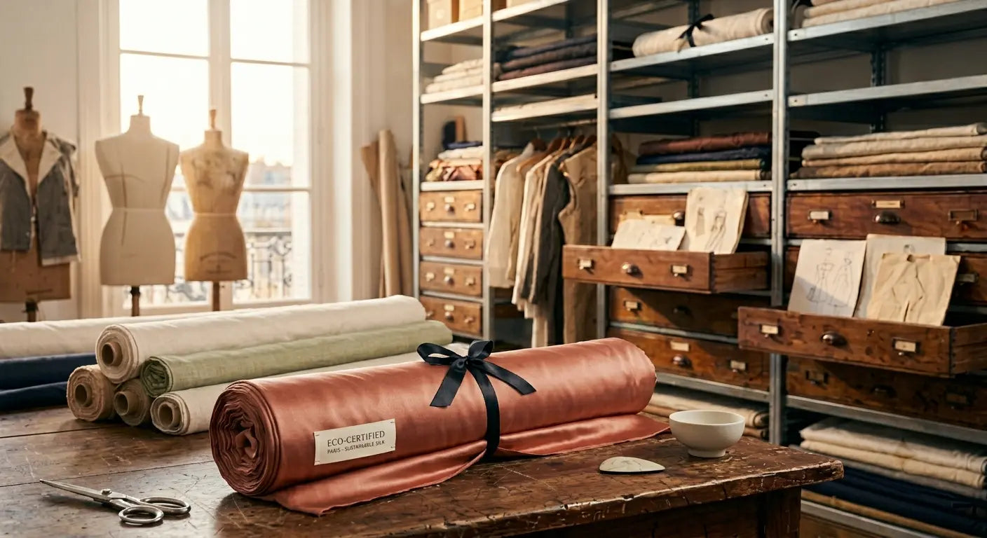 Rouleau de tissu de luxe avec label écologique dans un atelier de haute couture à Paris.
