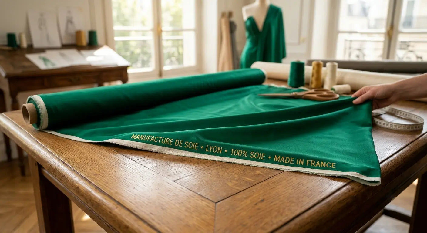 Zoom sur la lisière d'un tissu en soie verte dans un atelier de haute couture indiquant le sens du droit fil.