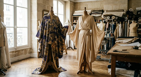 Kimono long et robe portefeuille en soie dans un atelier de haute couture parisien.
