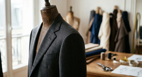 Épaule de veste parfaitement montée sans aucun pli dans un atelier de haute couture.