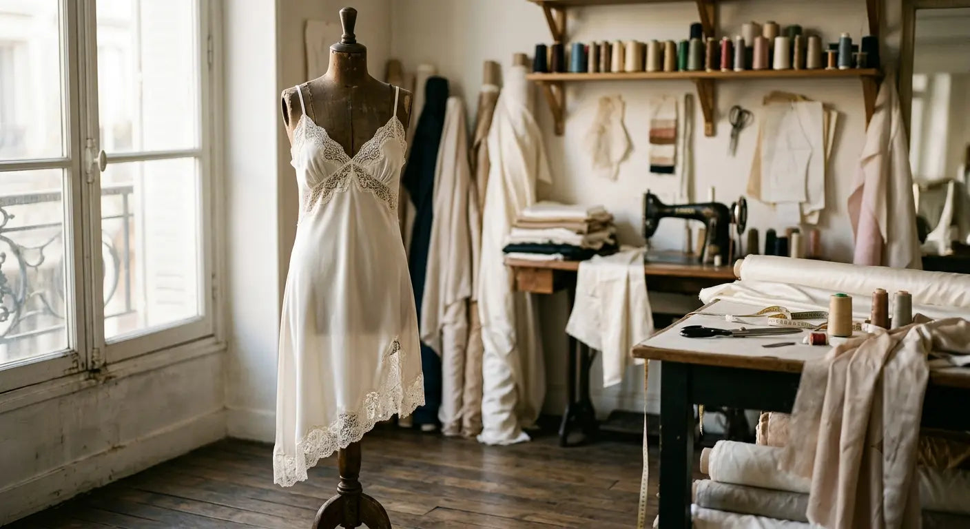 Nuisette artisanale en satin de viscose et dentelle fine dans un atelier de couture parisien.