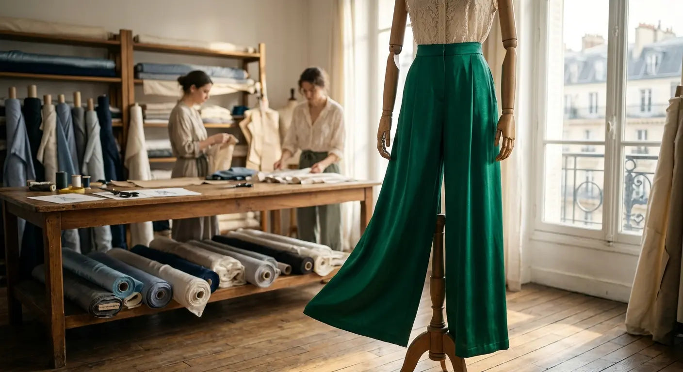 Pantalon large de type palazzo en viscose de luxe réalisé à la main dans un atelier de couture parisien.