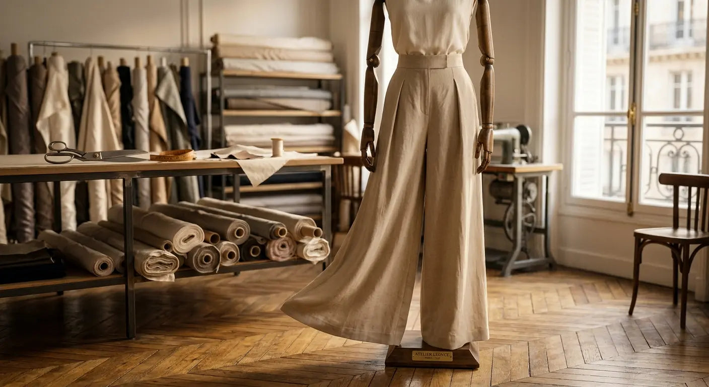 Pantalon large de type palazzo en lin de luxe dans un atelier de couture parisien.