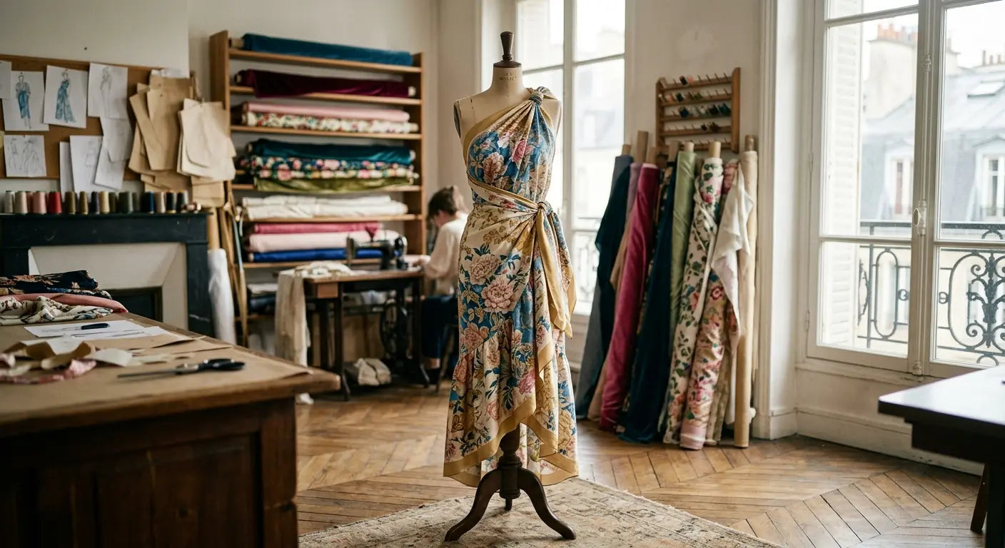 Paréo de luxe en soie à motifs floraux noué en robe de plage dans un atelier de couture.