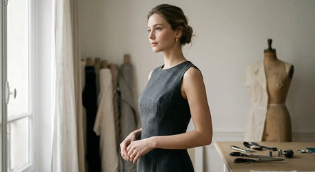 Détail d'une pince poitrine parfaitement réalisée sur une robe en laine dans un atelier de haute couture.