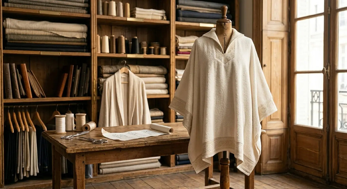 Poncho de plage haut de gamme en tissu éponge de coton dans un atelier de couture parisien.