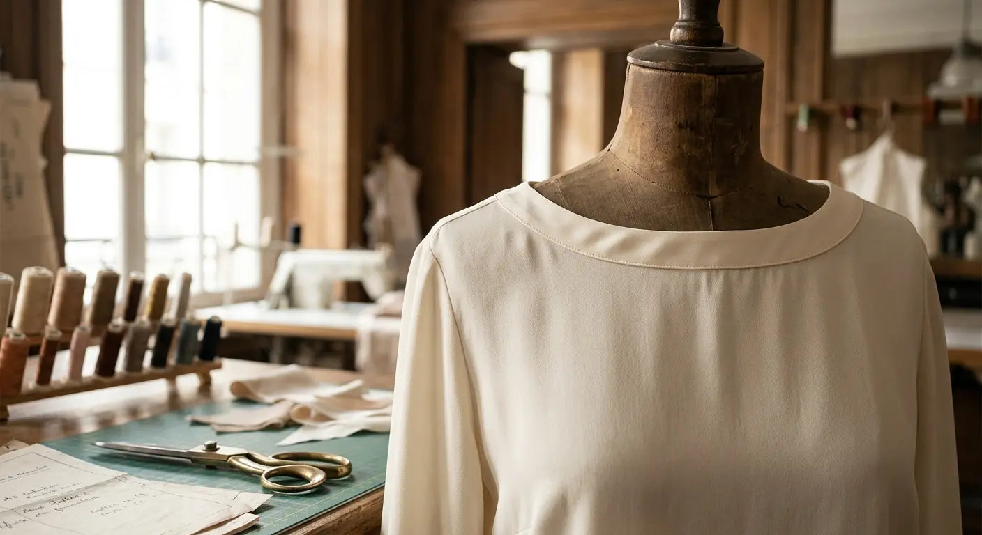 Encolure de blouse en soie finie avec un biais parfait dans un atelier de haute couture à Paris.