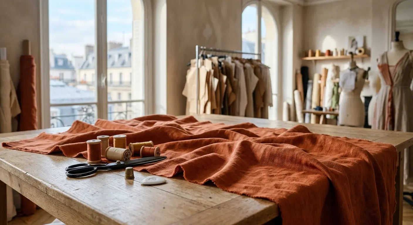 Préparation d'un coupon de tissu en lin haut de gamme dans un atelier de couture parisien.