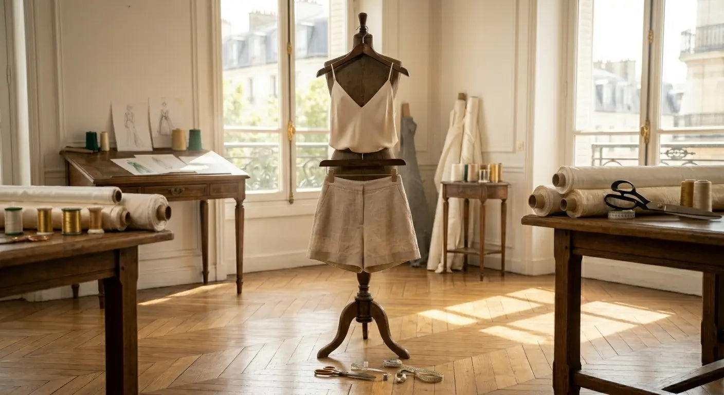 Tenue d'été faite main en lin et soie dans un atelier de couture parisien, projet couture rapide.