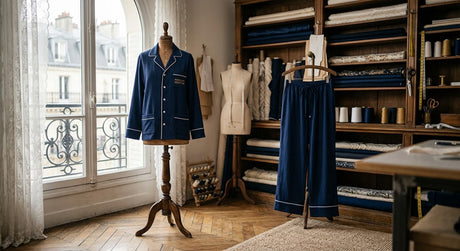 Pyjama classique pour femme en coton de luxe réalisé à la main dans un atelier de couture parisien.
