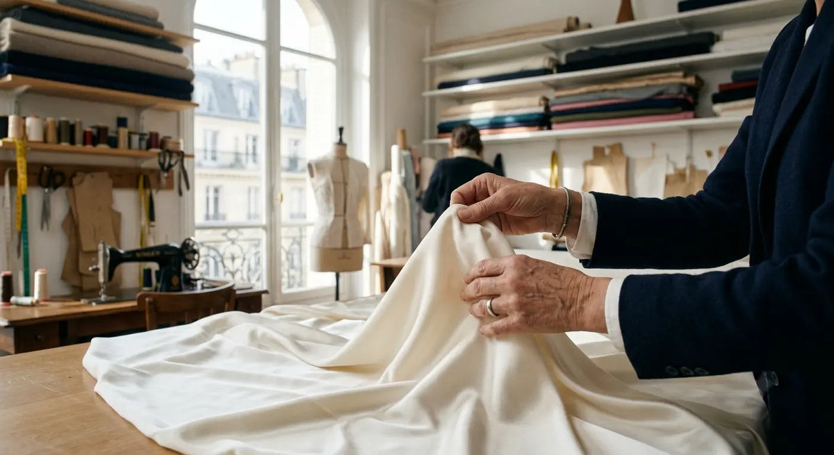 Geste professionnel d'un tailleur évaluant la qualité d'un tissu en soie dans un atelier parisien.