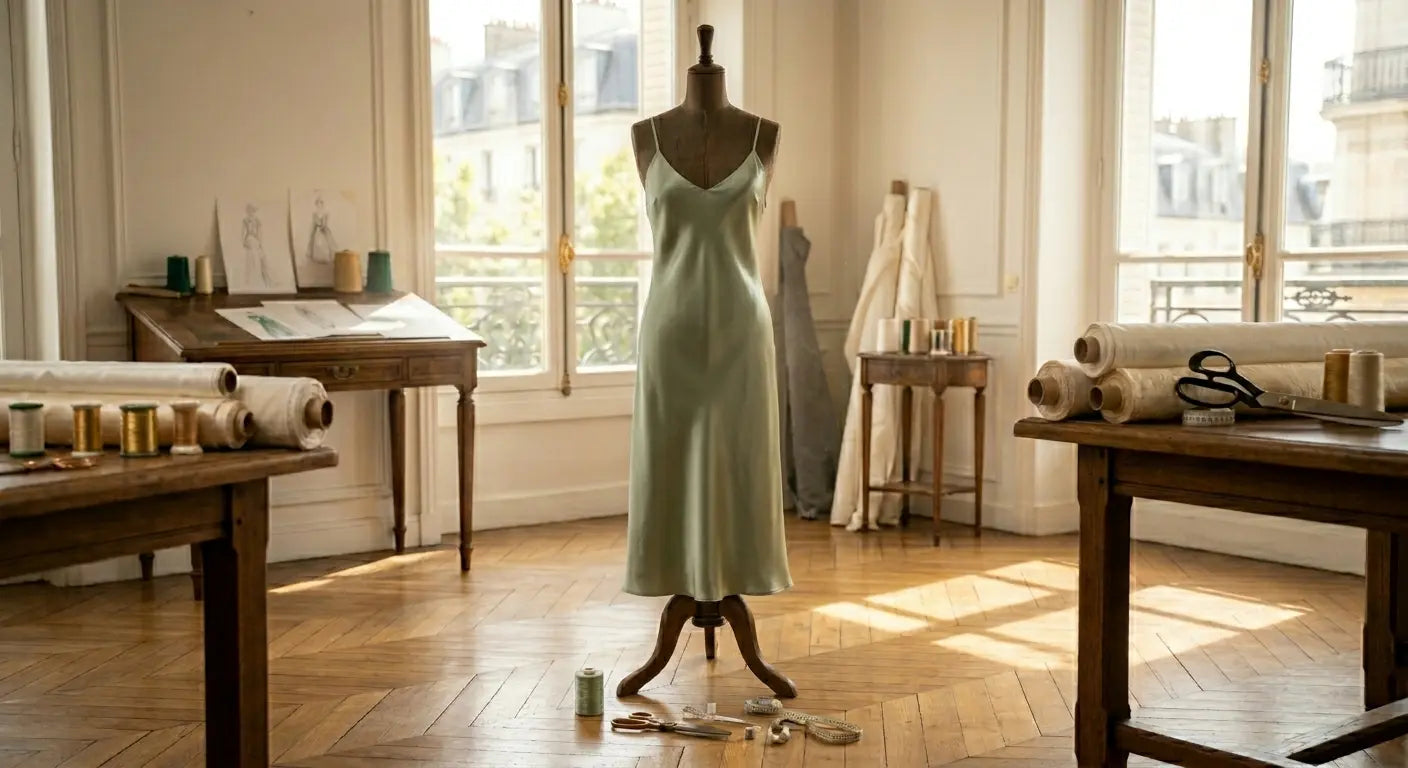 Robe de cérémonie minimaliste en satin de viscose vert sauge dans un atelier de couture parisien.