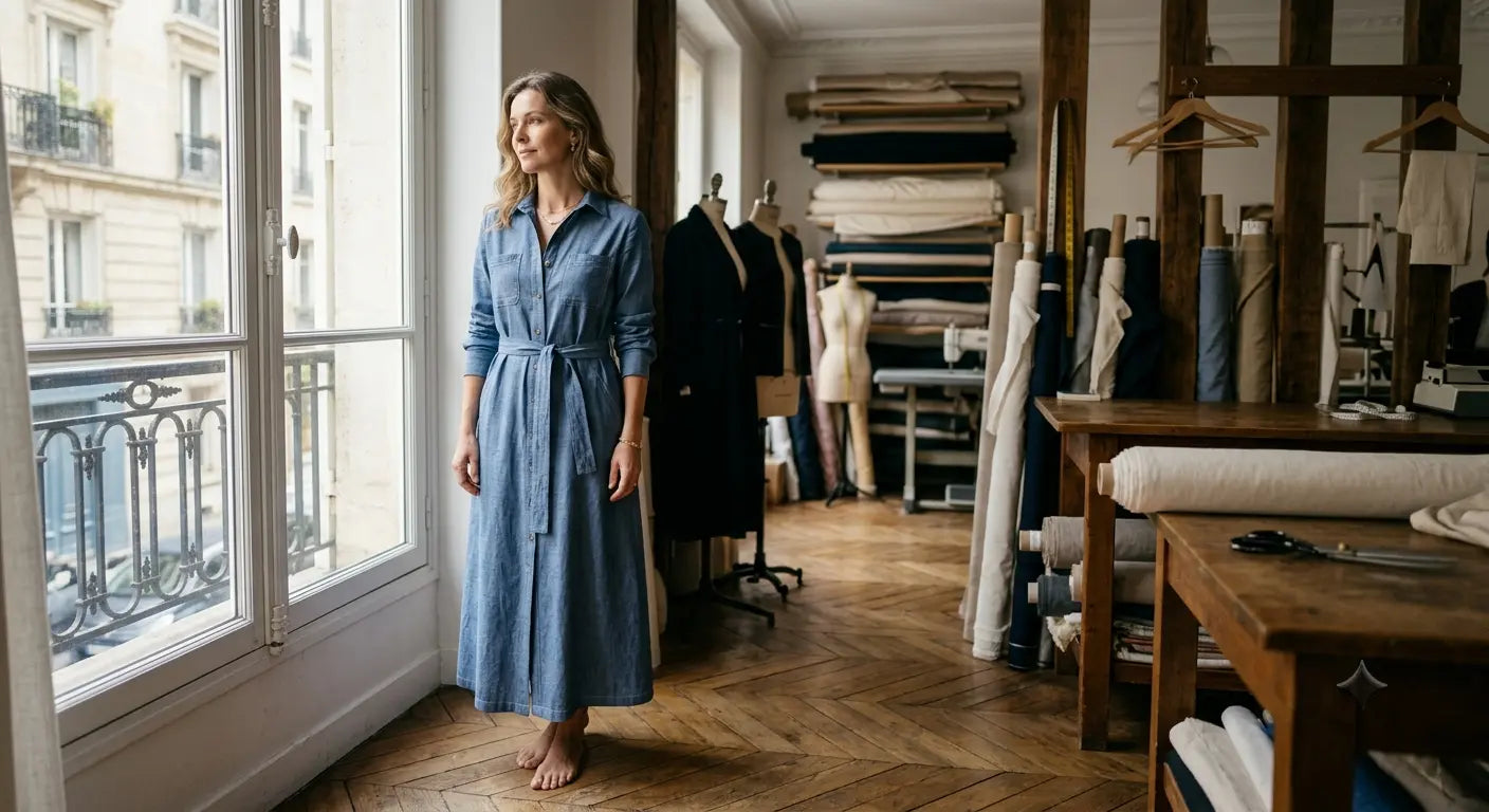 Robe chemise élégante en tissu chambray bleu indigo réalisée à la main dans un atelier parisien.