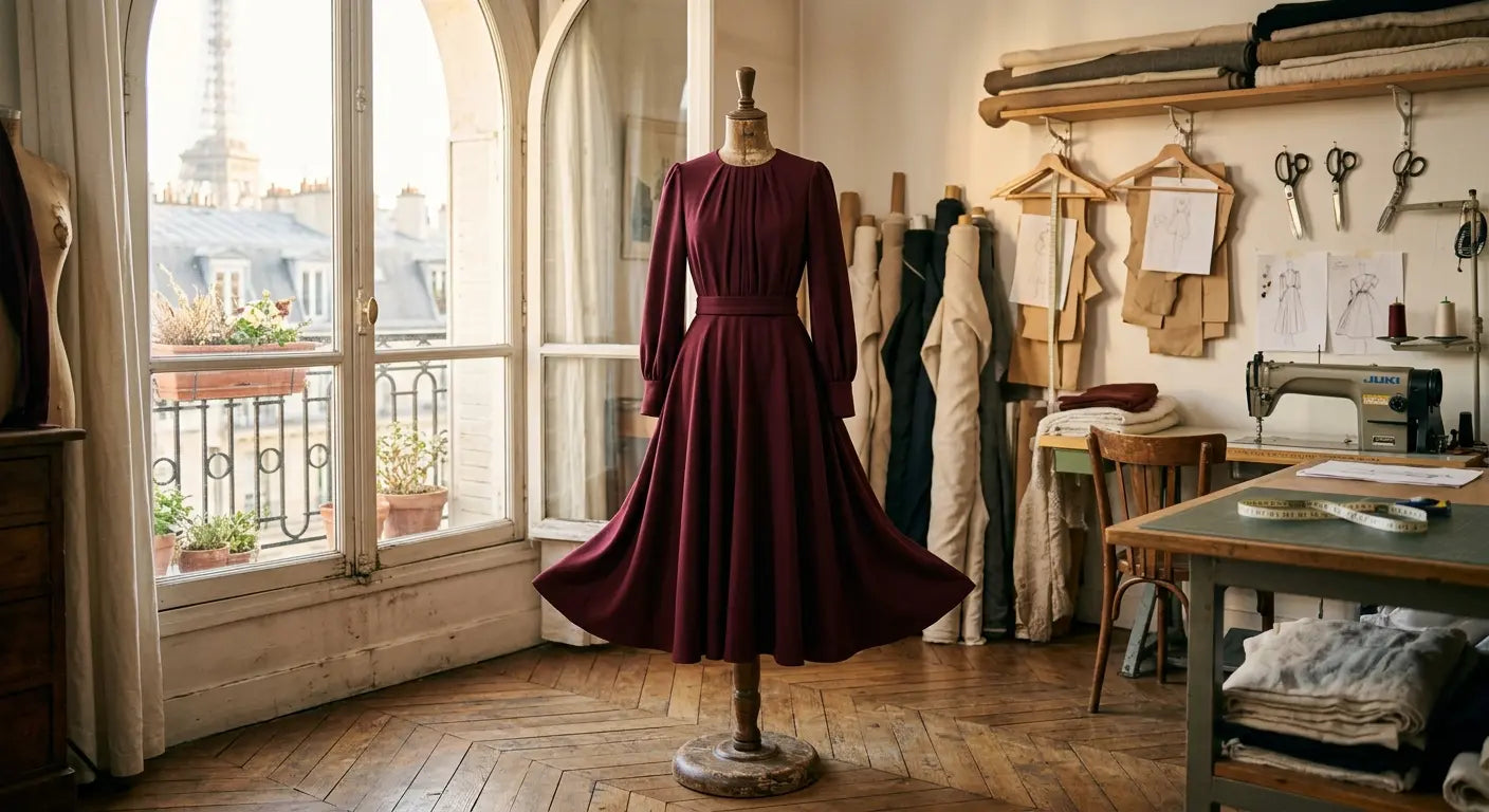Robe de créateur en crêpe de laine bordeaux dans un atelier de haute couture parisien.