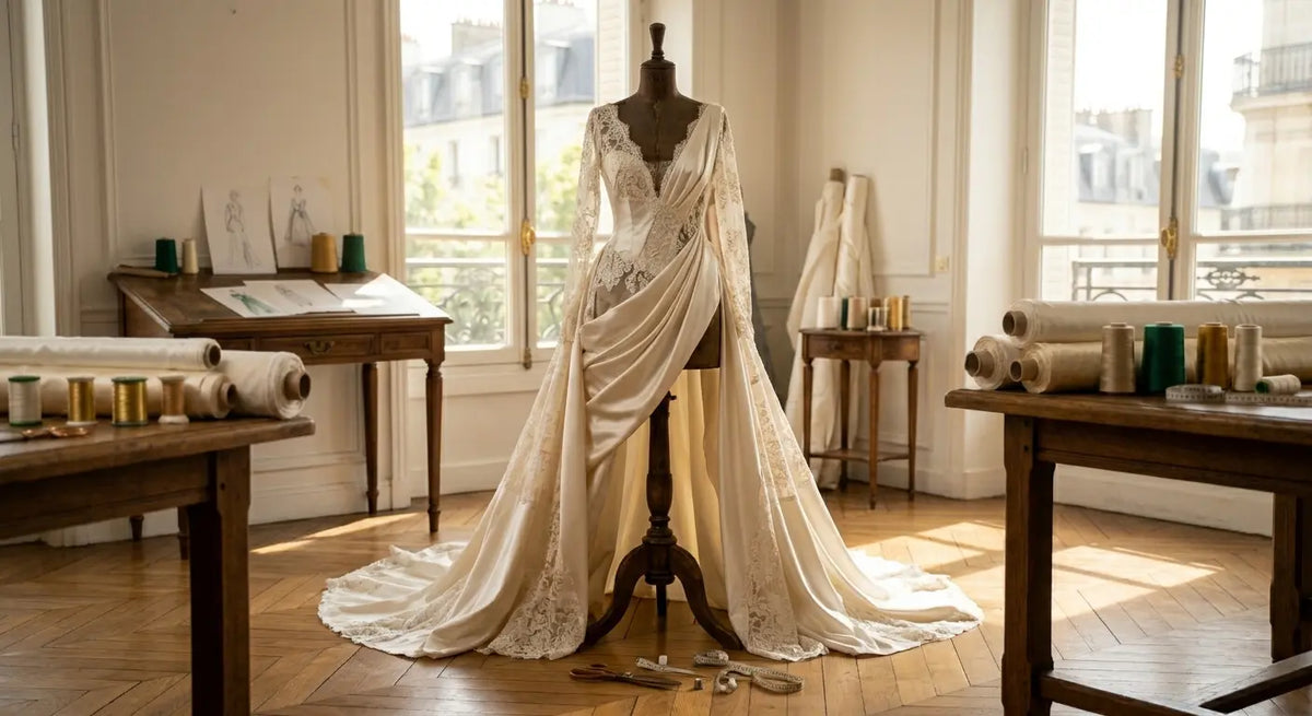 Robe de mariée majestueuse en soie et dentelle suspendue dans un atelier de couture parisien.