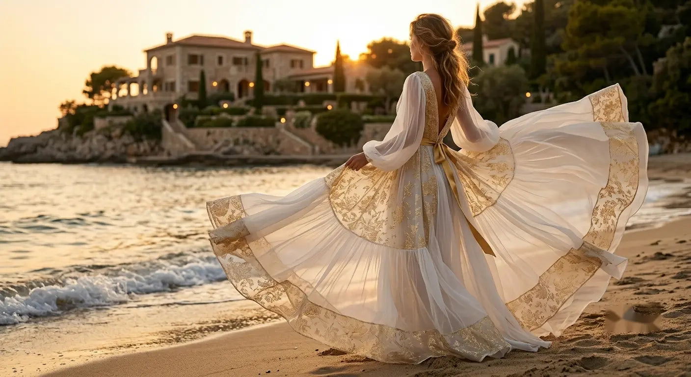 Photographie haute couture d'une robe de plage longue en voile de coton blanc flottant au vent.