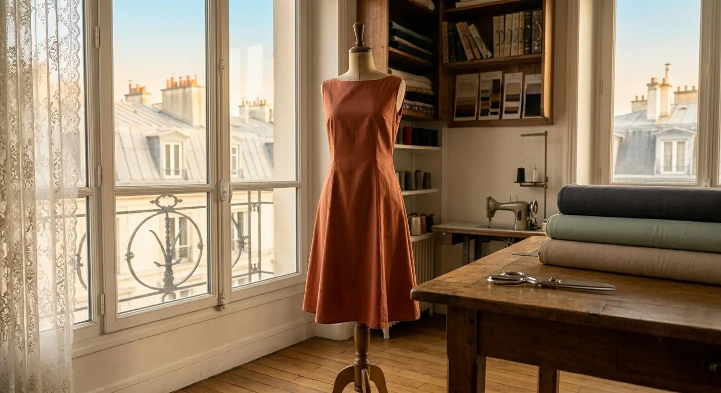 Robe d'été trapèze en popeline de coton réalisée à la main dans un atelier de couture parisien.