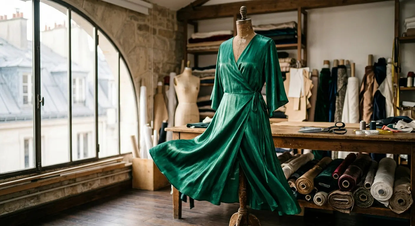 Robe fluide faite main en viscose de luxe dans un atelier de haute couture à Paris.