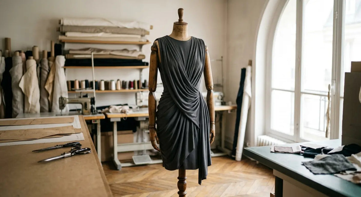 Robe drapée en jersey de luxe gris anthracite dans un atelier de couture parisien.