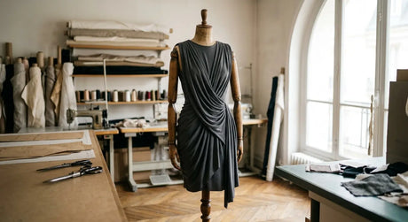 Robe drapée en jersey de luxe gris anthracite dans un atelier de couture parisien.