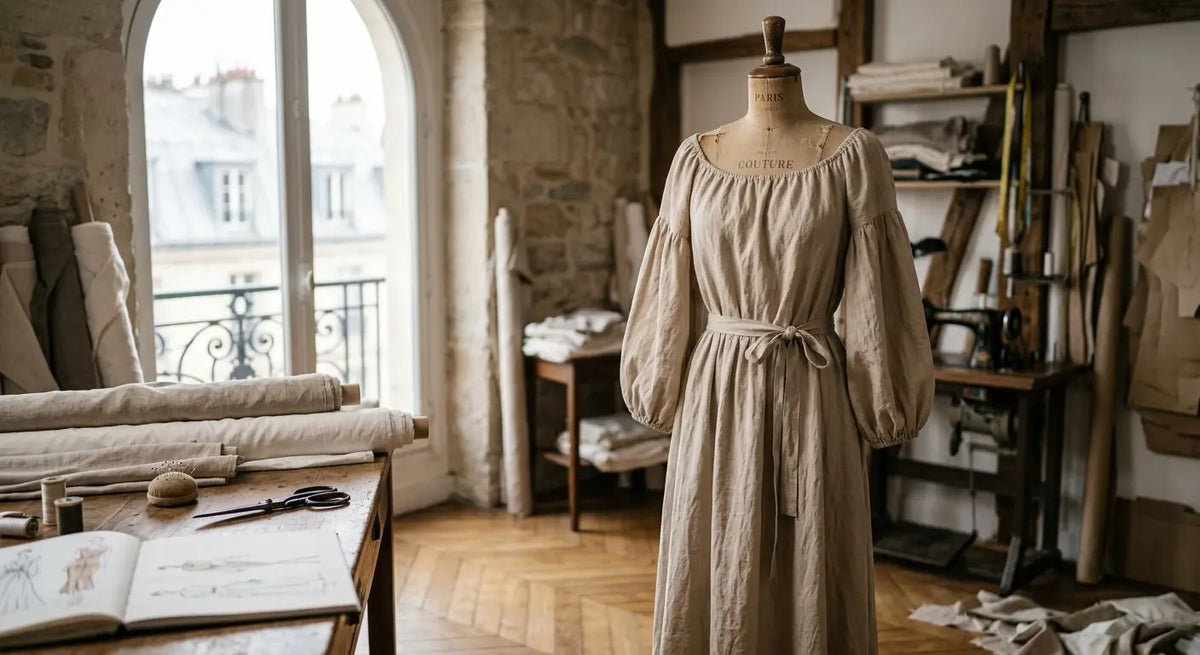 Robe longue en lin lavé de couleur sable dans un atelier de haute couture à Paris.