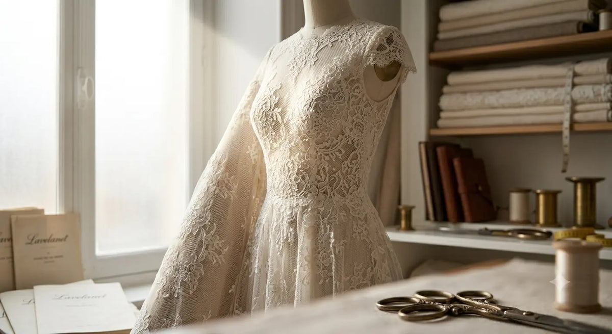 Détail d'une robe de mariée en dentelle Chantilly haut de gamme dans un atelier de couture