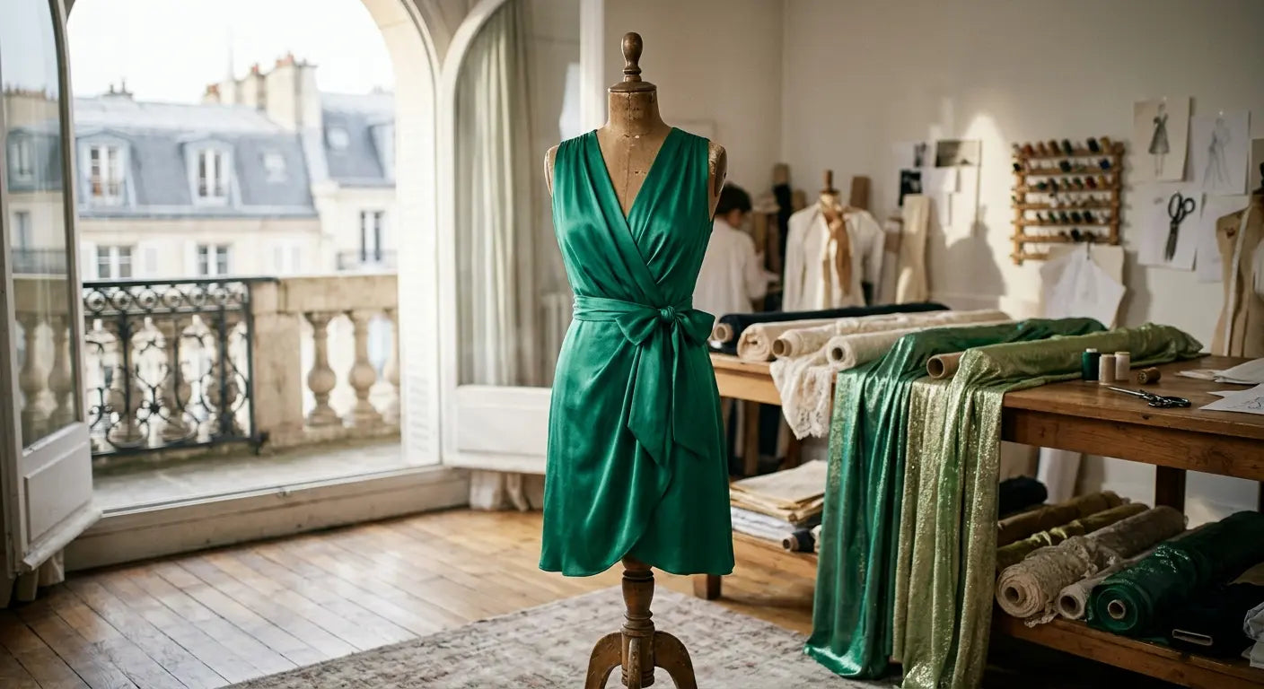 Robe portefeuille fluide en viscose verte réalisée à la main dans un atelier de couture parisien.