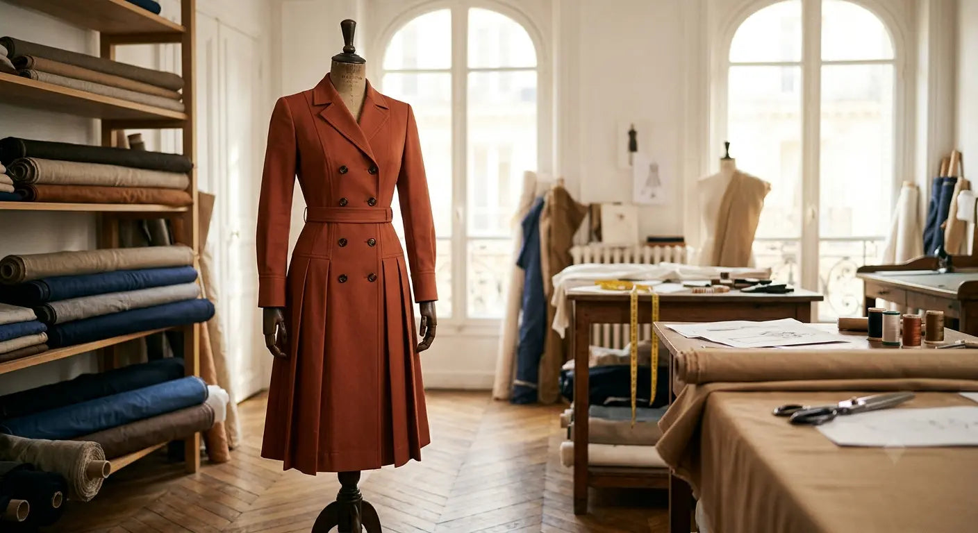 Robe de rentrée structurée en gabardine de coton terracotta dans un atelier de couture parisien.