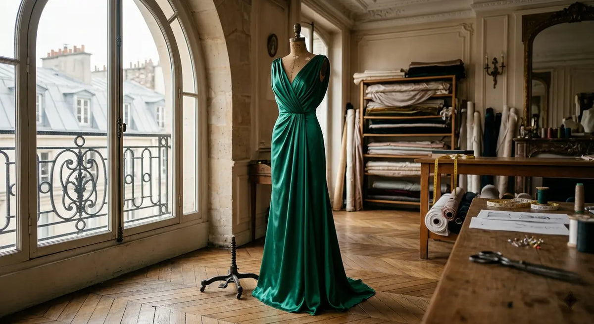 Robe de soirée fluide en satin de viscose vert émeraude dans un atelier de haute couture parisien.