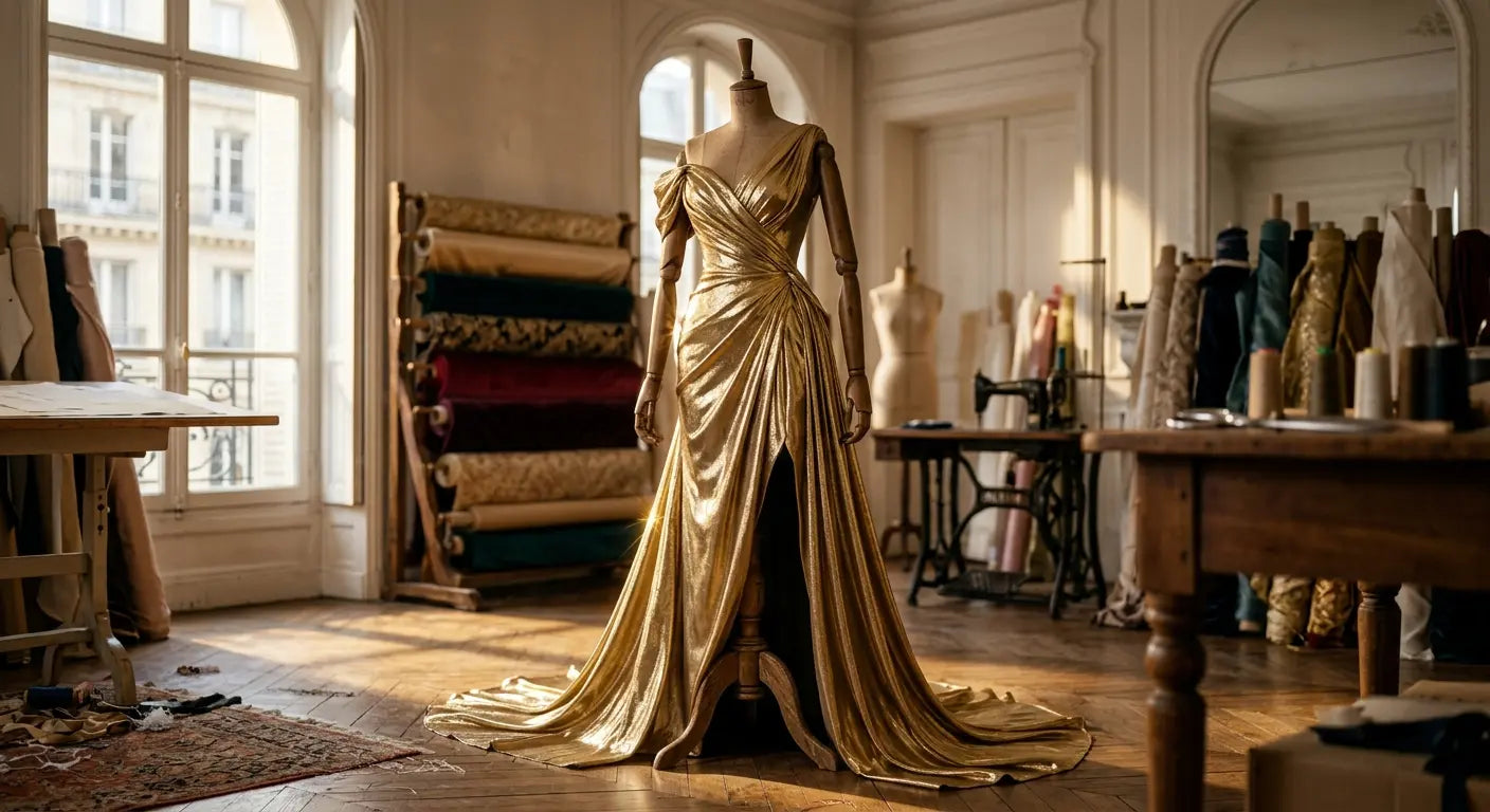 Robe de soirée en tissu lamé doré brillant présentée dans un atelier de couture parisien.