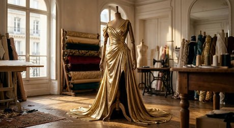Robe de soirée en tissu lamé doré brillant présentée dans un atelier de couture parisien.